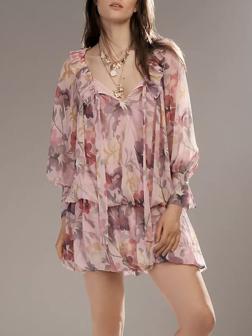 ANTHROPOLOGIE Mare Mare Long Sleeve Floral Chiffon Bubble Hem Mini Dress